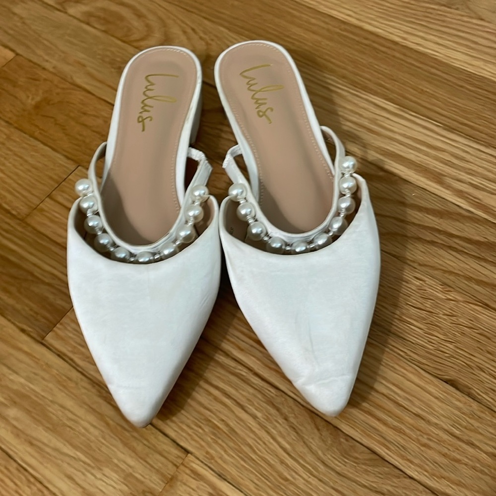 Lulu's White Pointed Pearl-Embellished Mule Heels